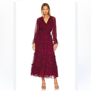 $348 Revolve Cleobella Willow Ankle Midi Dress Raspberry Smocked Waist Medium